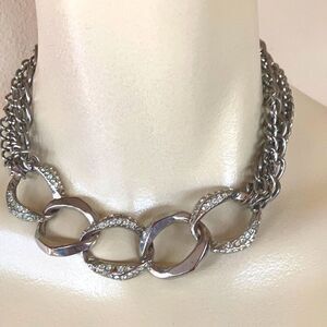 Vintage Chunky Silver statement necklace Rhinestone choker chain adjustable 17.5